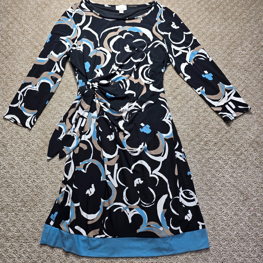 Donna Morgan Women's 12 Black Floral Ruched Knot Midi Dress Blue Tan Stretch